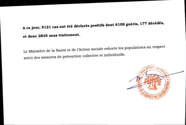 SÉNÉGAL : 136 nouveaux cas testés positifs au coronavirus, 64 nouveaux guéris, 3 nouveaux décès et 39 cas graves en réanimation. SÉNÉGAL : 136 nouveaux cas testés positifs au coronavirus, 64 nouveaux guéris, 3 nouveaux décès et 39 cas graves en réanimation.
