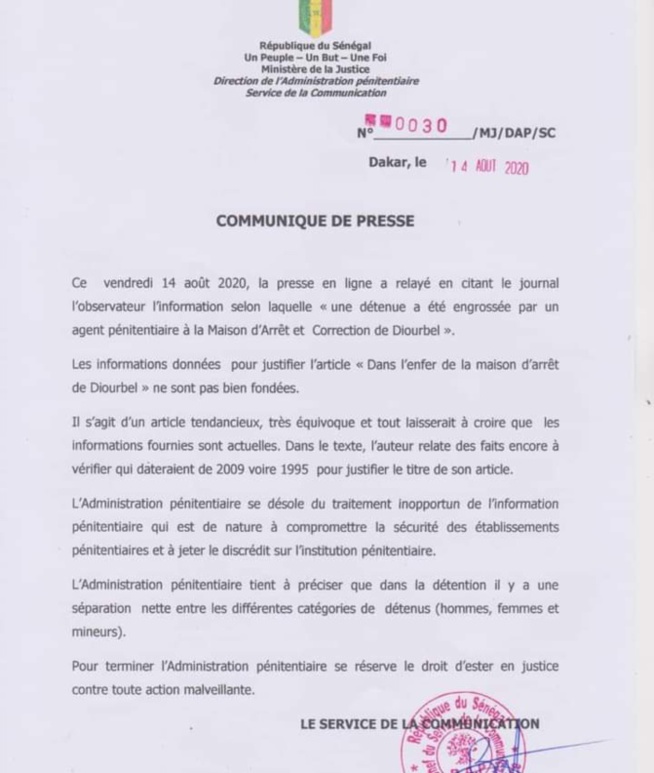 Détenue engrossée à la prison de Diourbel : les précisions de l’Administration pénitentiaire Détenue engrossée à la prison de Diourbel : les précisions de l’Administration pénitentiaire