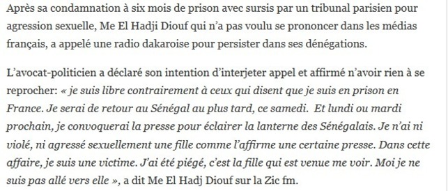 Me El Hadji Diouf sur sa condamnation: « J’ai été piégé, c’est la fille qui est venue vers moi… » Me El Hadji Diouf sur sa condamnation: « J’ai été piégé, c’est la fille qui est venue vers moi… »