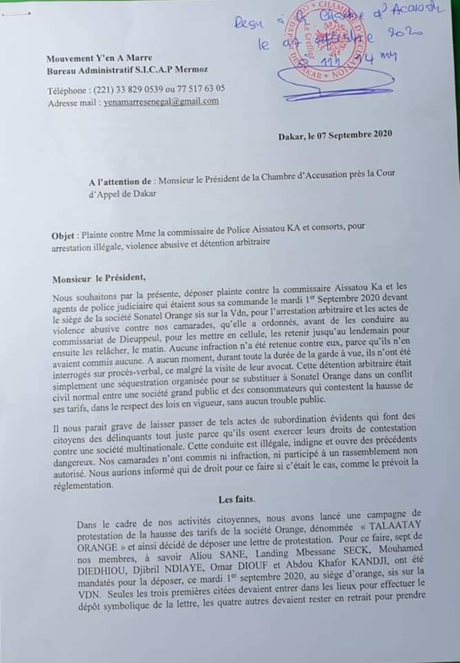 Arrestation musclée de ses membres: Y en a marre a porté plainte(Document) Arrestation musclée de ses membres: Y en a marre a porté plainte(Document)