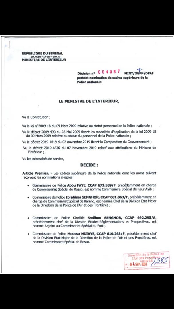 Jeu de chaises musicales chez les cadres de la Police : Le commissaire Ibrahima Senghor, nouveau Directeur de la Police de l’Air et des frontières