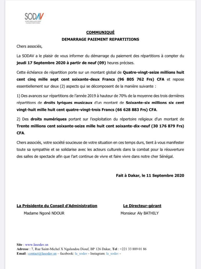 Dernière minute : La SODAV annonce une bonne nouvelle aux musiciens Dernière minute : La SODAV annonce une bonne nouvelle aux musiciens