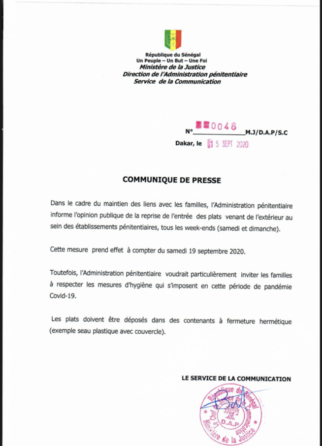 Covid-19 : L’Administration pénitentiaire permet la reprise de l’entrée des plats venant de l’extérieur au sein de la prison les week-ends. (DOCUMENT)