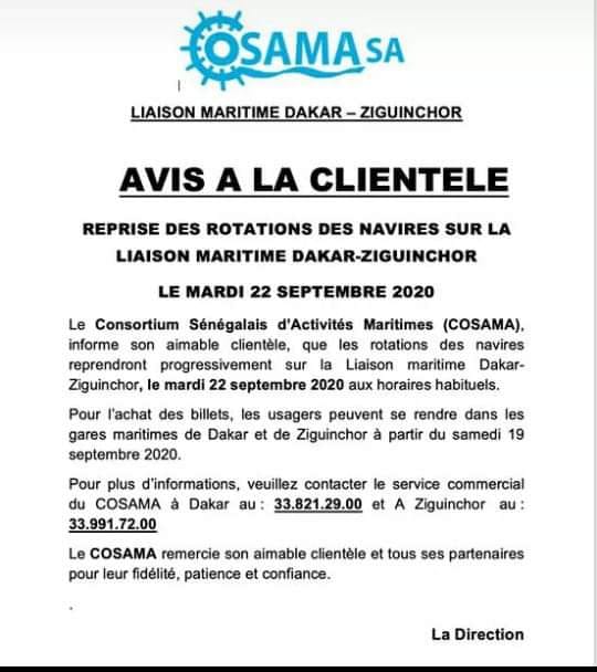 Liaison maritime Dakar-Ziguinchor: Reprise des rotations des navires le 22 septembre