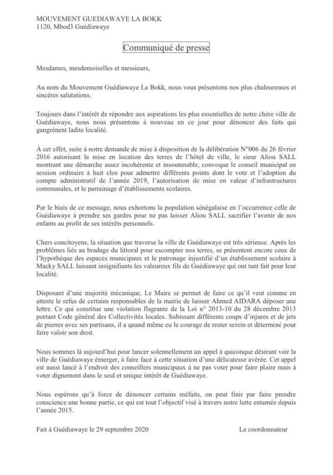 Bradage du patrimoine foncier de la mairie de Guédiawaye par Aliou Sall : Ameth Aidara tire la sonnette d’alarme et avertit