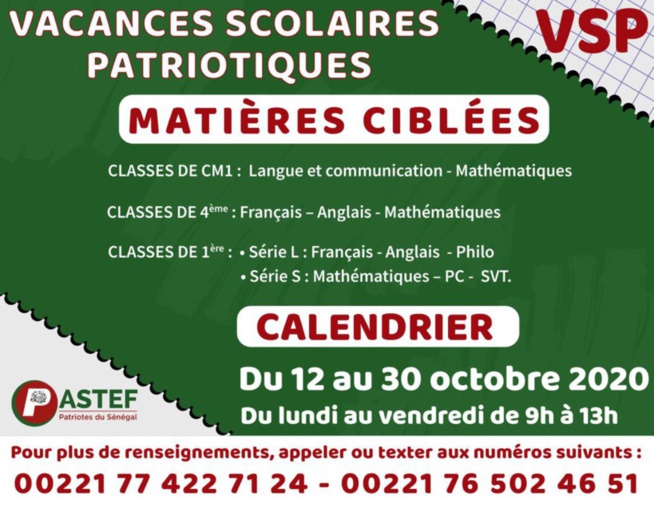 Les Vacances scolaires patriotiques auront lieu du 12 au 30 octobre 2020 Les Vacances scolaires patriotiques auront lieu du 12 au 30 octobre 2020