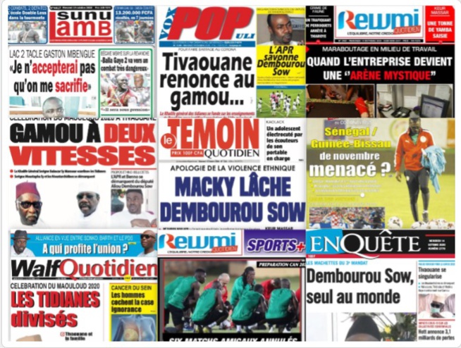 REVUE DES TITRES PAR NABOU NGOM A LA UNE DES QUOTIDIENS DU 14 OCTOBRE 2020 REVUE DES TITRES PAR NABOU NGOM A LA UNE DES QUOTIDIENS DU 14 OCTOBRE 2020