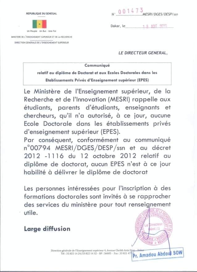 Ecoles doctorales dans les établissements privés: le ministère de l'Enseignement supérieur apporte des précisions... Ecoles doctorales dans les établissements privés: le ministère de l'Enseignement supérieur apporte des précisions...