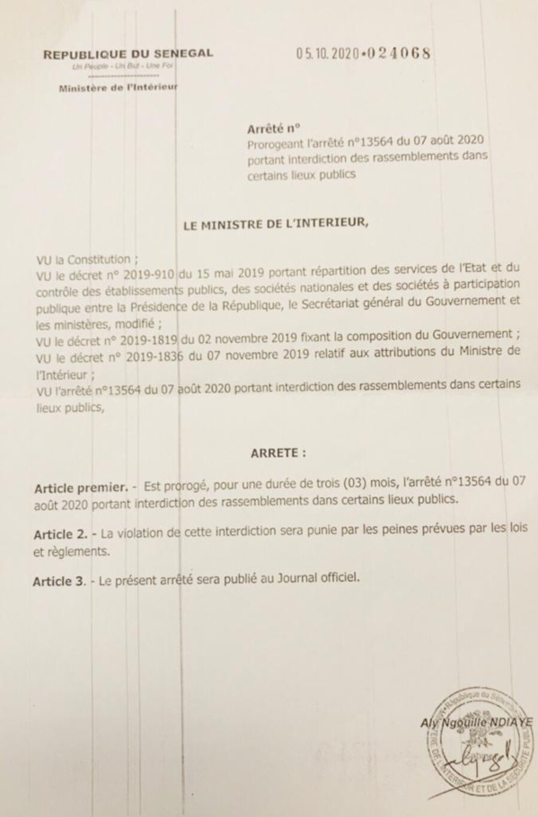 Interdiction des rassemblements dans les lieux publics et port de masque: Aly Ngouille Ndiaye proroge l'arrêté pour 3 mois Le ministre de l'Intérieur, Aly Ngouille Ndiaye, a prorogé les arrêtés interdisant les rassemblements dans certains lieux publi