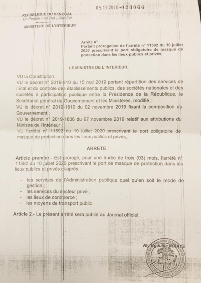 Interdiction des rassemblements dans les lieux publics et port de masque: Aly Ngouille Ndiaye proroge l'arrêté pour 3 mois Le ministre de l'Intérieur, Aly Ngouille Ndiaye, a prorogé les arrêtés interdisant les rassemblements dans certains lieux publi