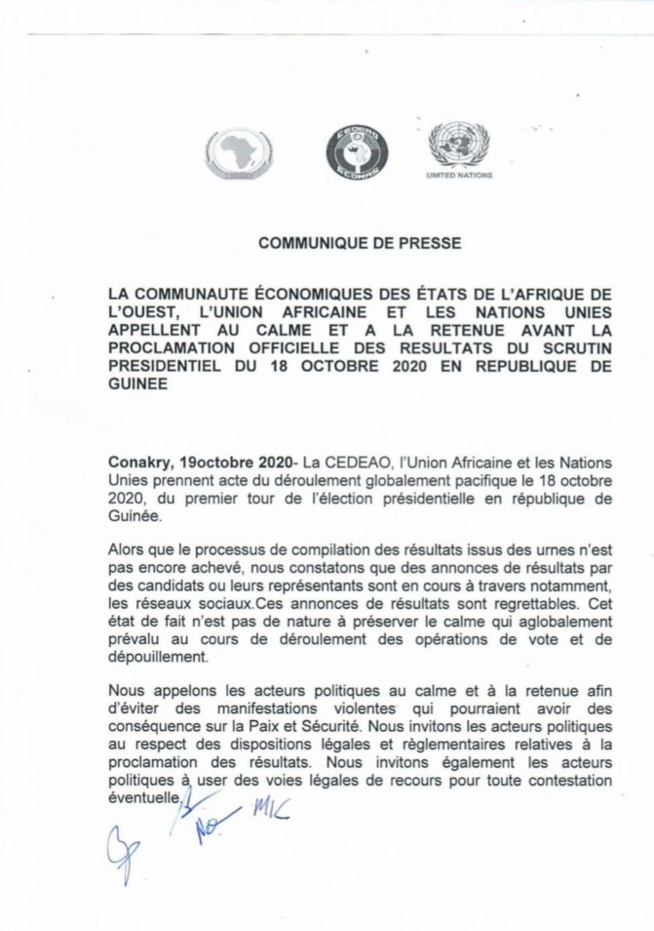 Présidentielle en Guinée: La CEDEAO, l'Ua et les Nations-Unies appellent au calme et à la retenue Présidentielle en Guinée: La CEDEAO, l'Ua et les Nations-Unies appellent au calme et à la retenue