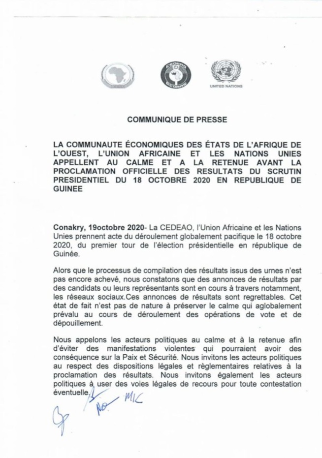 Présidentielle en Guinée: La CEDEAO, l'Ua et les Nations-Unies appellent au calme et à la retenue