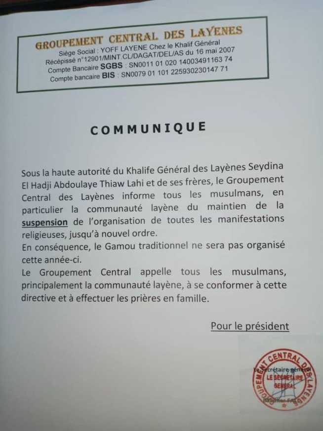 La communauté Layène ne célébrera pas le Gamou cette année.
