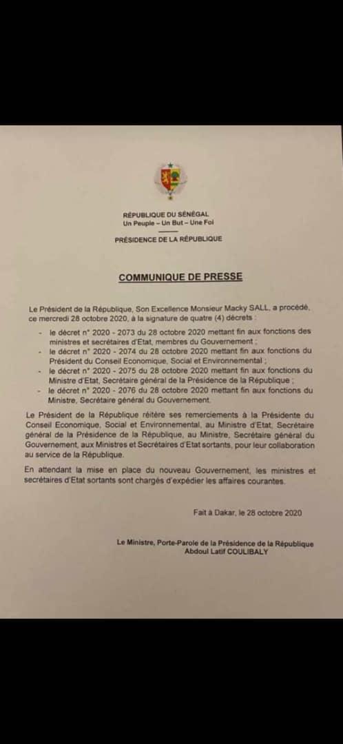 Communiqué de presse de la dissolution du gouvernement