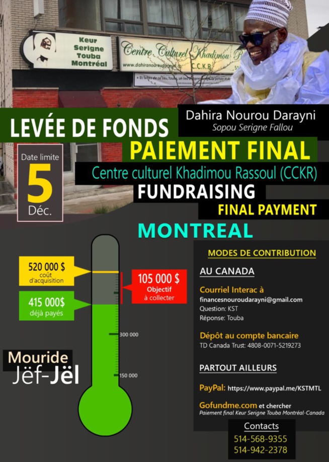 Canada : Collecte de fonds pour l’acquisition du Centre culturel « Keur Khadimou Rassoul) de Montréal