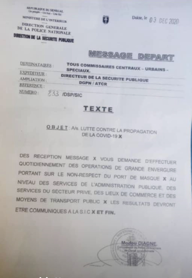 Le Directeur de la Sécurité publique ordonne aux Commissaires de police des opérations de grande envergure sur le Non-respect du port du masque (Document) Le Directeur de la Sécurité publique ordonne aux Commissaires de police des opérations de grande envergure sur le Non-respect du port du masque (Document)