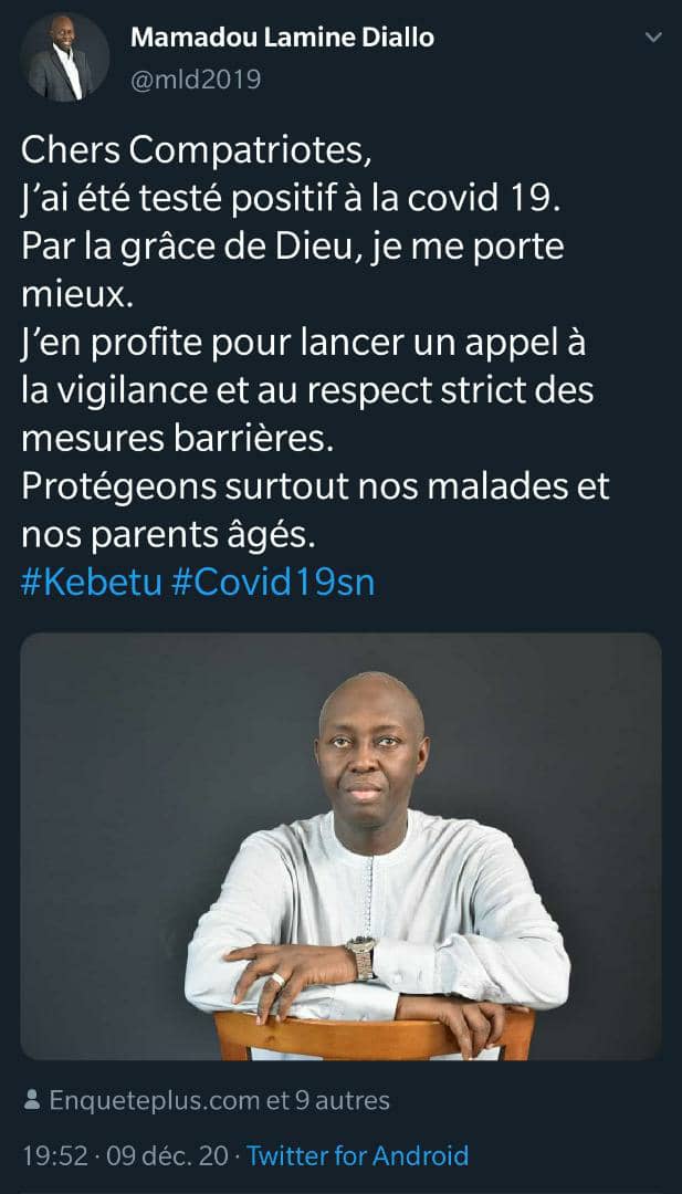 Covid-19: le tonitruant opposant Mamadou Lamine Diallo testé positif