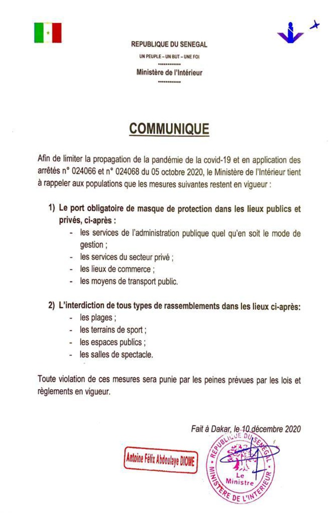 Ministre de l'Intérieur, Antoine Félix Diom: "Le port de masque de protection obligatoire dans les lieux publics et privés Ministre de l'Intérieur, Antoine Félix Diom: "Le port de masque de protection obligatoire dans les lieux publics et privés