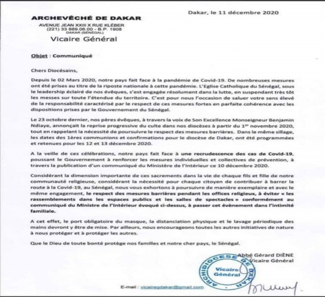 Prémices d’une deuxième vague de COVID-19 : l’appel de l’Archevêché de Dakar aux fidèles catholiques