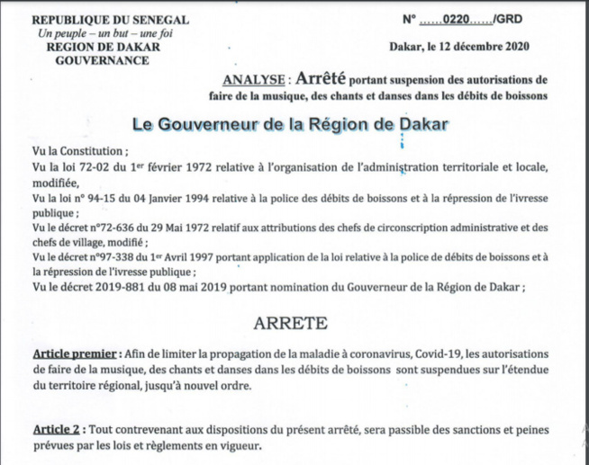 Voici l'arrêté portant suspension des autorisations de faire de la musique, des chants, et danses dans les débits de boissons(Documents) Voici l'arrêté portant suspension des autorisations de faire de la musique, des chants, et danses dans les débits de boissons(Documents)