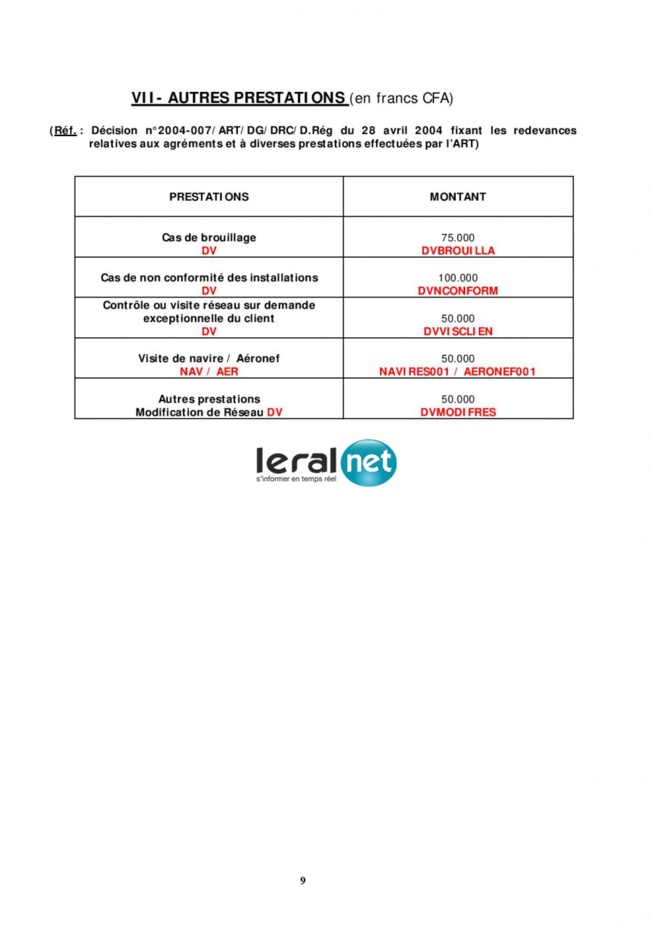 CATALOGUE DES FRAIS ET REDEVANCES PERCUS PAR L’ARTP