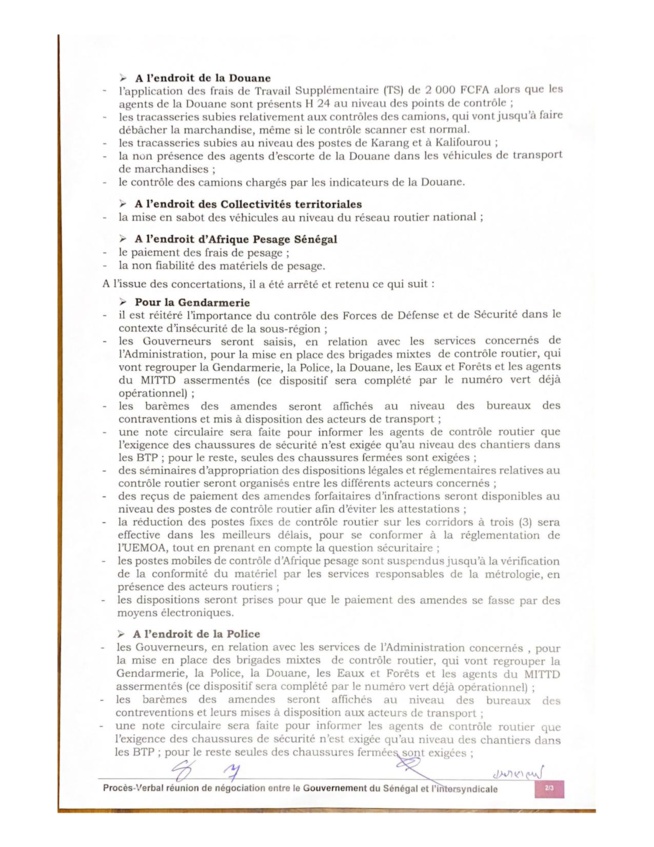Fin de Grève des camionneurs/Corruption, tracasseries ( Documents )
