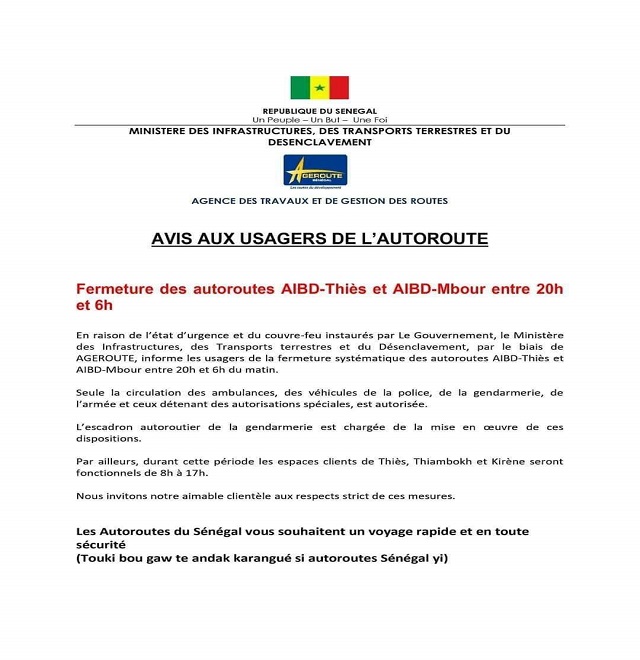 Mesures d’urgence : les autoroutes à péages AIDB-Thiès et AIDB-Mbour fermées de 20h à 06 h du matin Mesures d’urgence : les autoroutes à péages AIDB-Thiès et AIDB-Mbour fermées de 20h à 06 h du matin