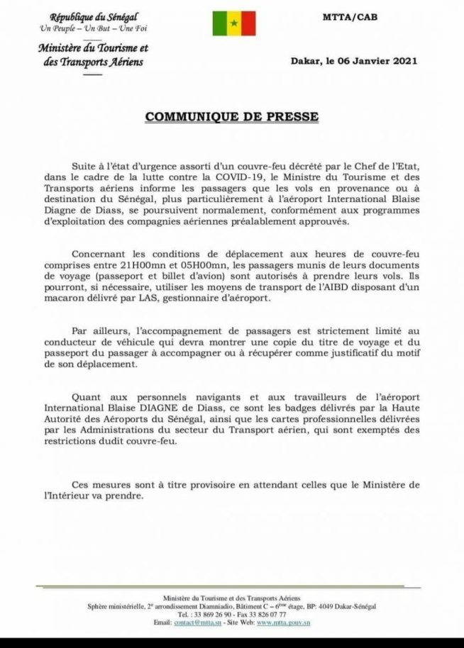 COUVRE-FEU/AIBD Les annonces du ministre en charge des transports aériens(Document) COUVRE-FEU/AIBD Les annonces du ministre en charge des transports aériens(Document)