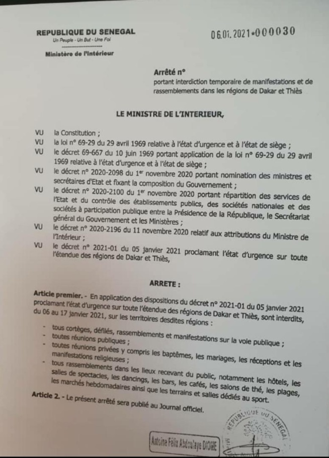 Etat d'urgence Dakar-Thiès: Arrêté du Ministre de l'Intérieur Antoine Félix Diome