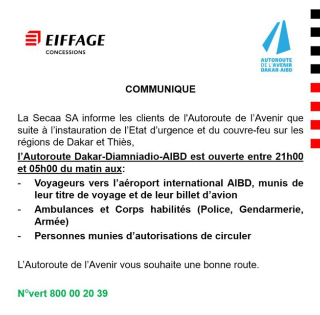 État d’urgence et couvre-feu: La SECAA annonce l’ouverture de l’Autoroute de l’Avenir de 21h à 5h aux... État d’urgence et couvre-feu: La SECAA annonce l’ouverture de l’Autoroute de l’Avenir de 21h à 5h aux...