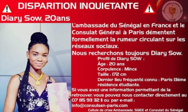 "DIARY SOW RETROUVÉE " L'ambassade et le consulat du Sénégal à Paris démentent "DIARY SOW RETROUVÉE " L'ambassade et le consulat du Sénégal à Paris démentent