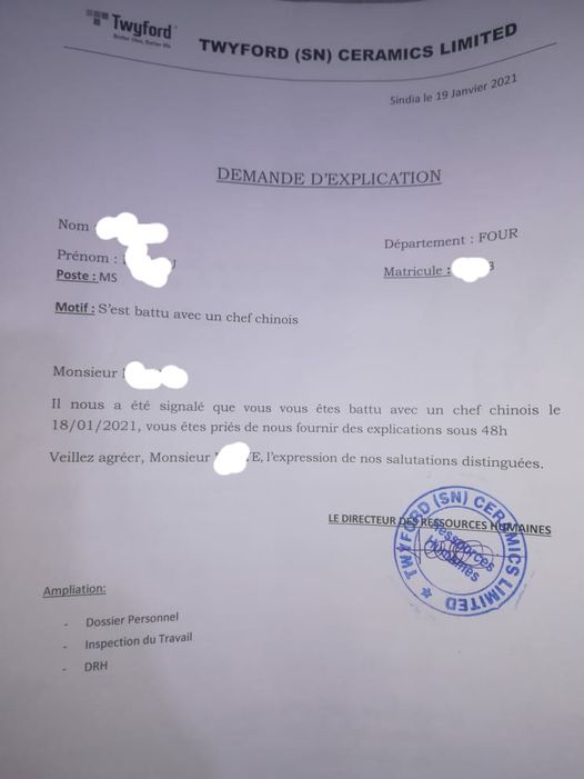 Usine Twyford: ""Attaqué avec une barre de fer par un Chinois, un travailleur sénégalais menacé de licenciement" Usine Twyford: ""Attaqué avec une barre de fer par un Chinois, un travailleur sénégalais menacé de licenciement"