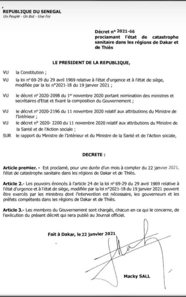 La Présidence sort le décret qui proroge le couvre-feu à Dakar et à Thiès pour un mois La Présidence sort le décret qui proroge le couvre-feu à Dakar et à Thiès pour un mois