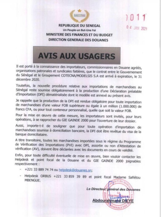 Fin du contrat entre le Sénégal et le Groupement Cotecna/Modelsis: La nouvelle procédure relative aux importations de marchandises, reste soumise à la production d'une Dpi