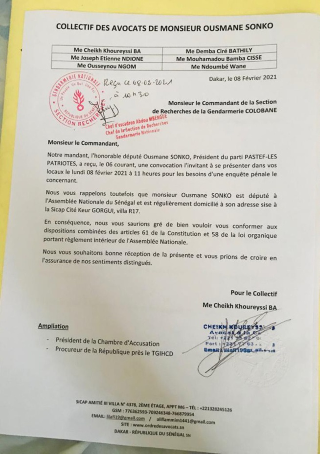 Affaire Sonko : La réponse de ses avocats à la section de recherche de la gendarmerie Affaire Sonko : La réponse de ses avocats à la section de recherche de la gendarmerie