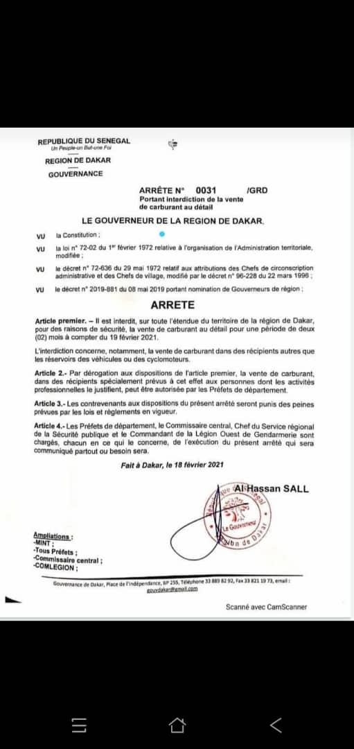 Interdiction de la vente de carburant au détail à Dakar, pour des raisons de sécurité Interdiction de la vente de carburant au détail à Dakar, pour des raisons de sécurité