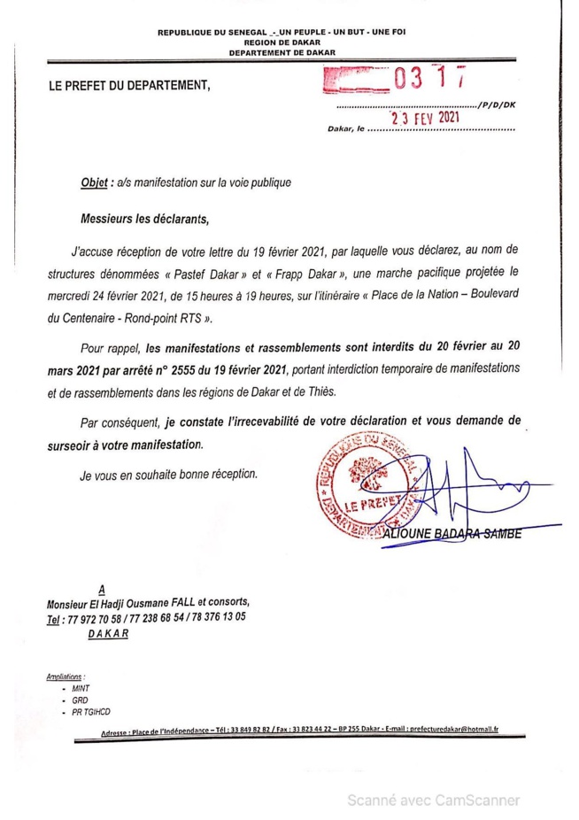Lutte contre le Coronavirus : Le préfet de Dakar interdit toute manifestation Lutte contre le Coronavirus : Le préfet de Dakar interdit toute manifestation