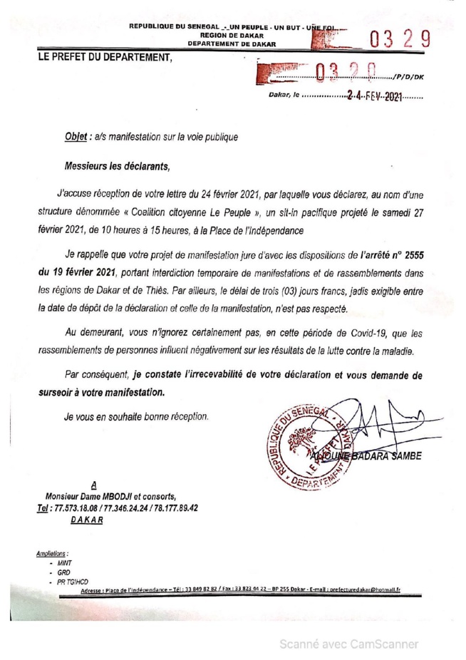 Covid-19 : Le préfet de Dakar interdit la marche de Dame Mbodj et consorts... Covid-19 : Le préfet de Dakar interdit la marche de Dame Mbodj et consorts...