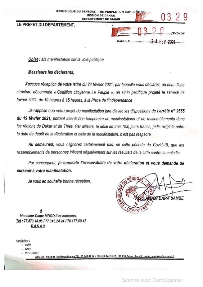 Covid-19 : Le préfet de Dakar interdit la marche de Dame Mbodj et consorts...