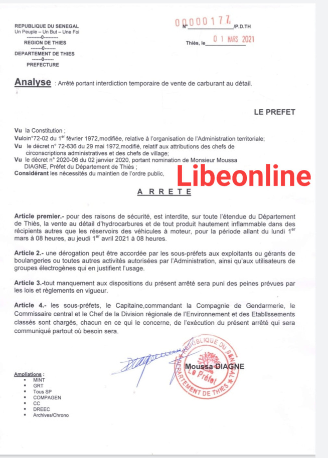 Le Préfet Moussa Diagne prend une nouvelle mesure, en vigueur à partir de ce 1er mars