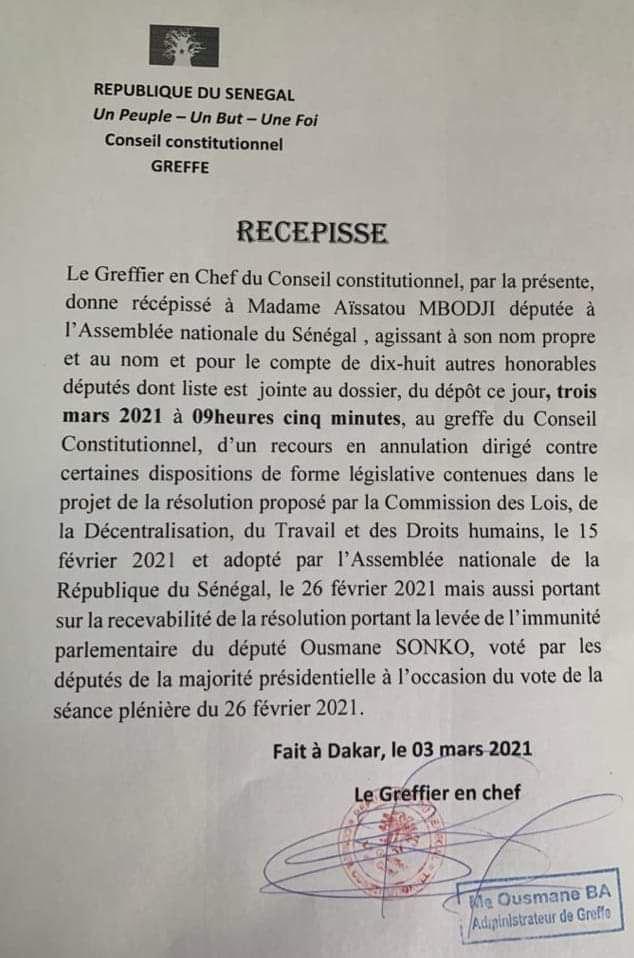 Levée de l’immunité parlementaire de Sonko : la Cour Constitutionnelle reçoit le recours des députés de BBY