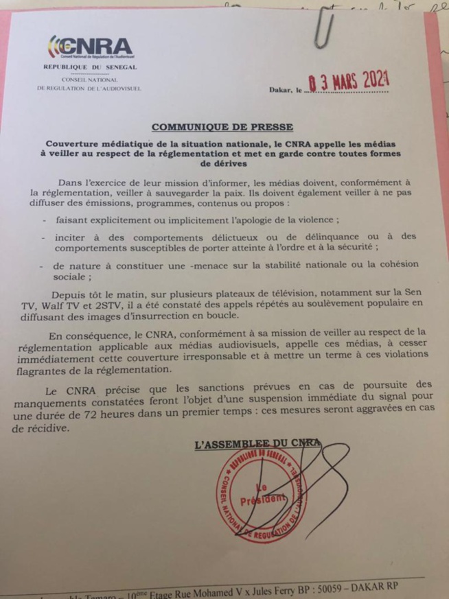 Couverture médiatique de la situation nationale : Le Cnra appelle les médias au respect de la réglementation et met en garde contre toutes formes de dérives Couverture médiatique de la situation nationale : Le Cnra appelle les médias au respect de la réglementation et met en garde contre toutes formes de dérives