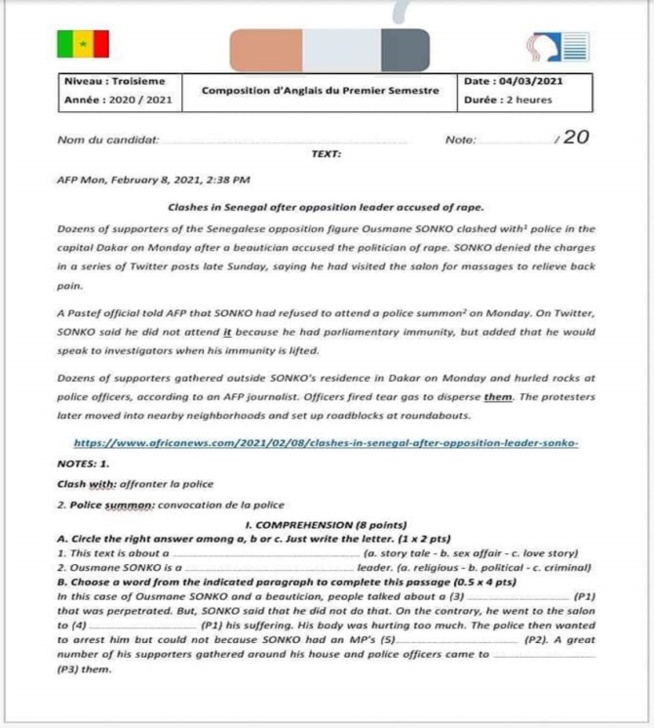 Education : un formateur relevé pour avoir proposé un sujet sur l’affaire sonko Education : un formateur relevé pour avoir proposé un sujet sur l’affaire sonko