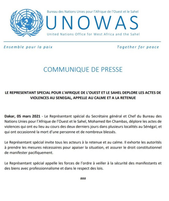 Mohamed Ibn Chambas, le représentant spécial pour l'Afrique de l'Ouest et le Sahel, déplore les actes de violence au Sénégal...