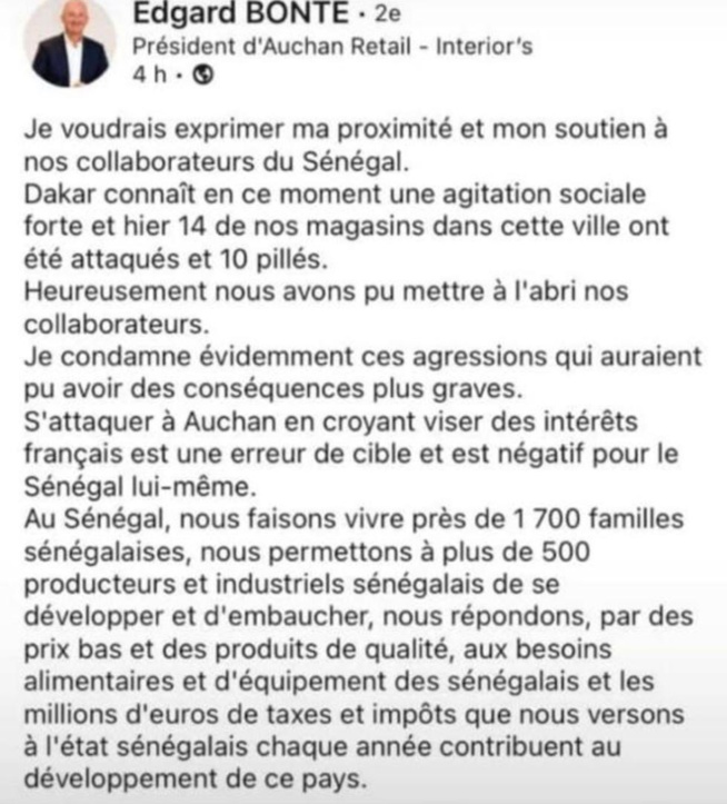 Attaques et pillages des magasins Auchan : « Une erreur de cible », selon Rétail Edgard Bonté, président d’Auchan