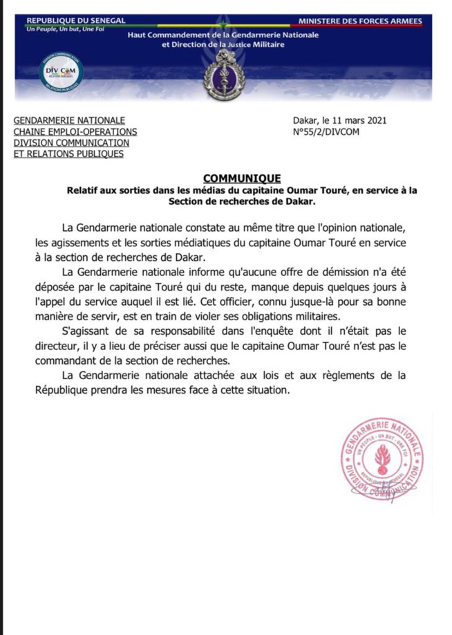 Démission du capitaine Touré: La Gendarmerie dément et promet de mettre fin à ses agissements Démission du capitaine Touré: La Gendarmerie dément et promet de mettre fin à ses agissements