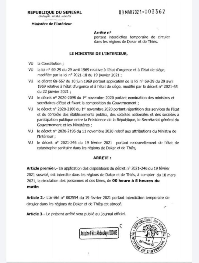 L'arrêté portant interdiction de circuler dans les régions de Thiès et de Dakar, signé