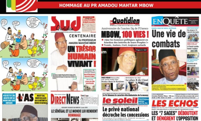 Actu kiosque : Le Sénégal rend hommage à Amadou Makhtar Mbow, Ousmane Sonko chez le “Mollah du Système” Ahmed Khalifa Niasse… au menu Actu kiosque : Le Sénégal rend hommage à Amadou Makhtar Mbow, Ousmane Sonko chez le “Mollah du Système” Ahmed Khalifa Niasse… au menu
