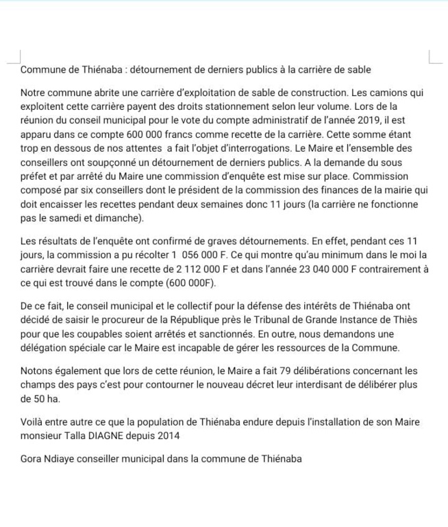 Commune de Thiénaba : détournement de derniers publics à la carrière de sable Commune de Thiénaba : détournement de derniers publics à la carrière de sable