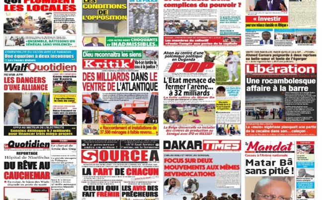 Actu-Kiosque : Les Unes des quotidiens : Ramadan de crise, la colère noire de Matar Ba, l’opposition met m pression le régime, Gana et Édouard en demi-finale de la ligue des Champions… Actu-Kiosque : Les Unes des quotidiens : Ramadan de crise, la colère noire de Matar Ba, l’opposition met m pression le régime, Gana et Édouard en demi-finale de la ligue des Champions…